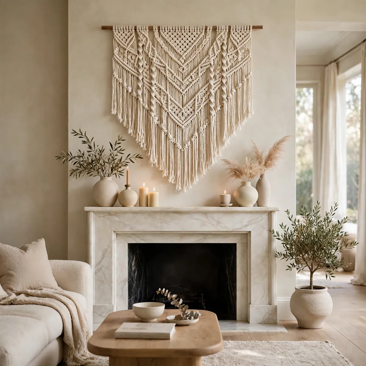 living room wall art ideas: Soften the Room With a Macramé Hanging
