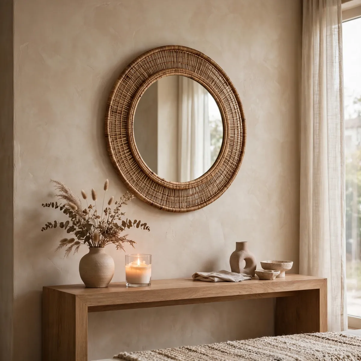 living room wall art ideas: Pair a Mirror With Woven Fiber for Glow
