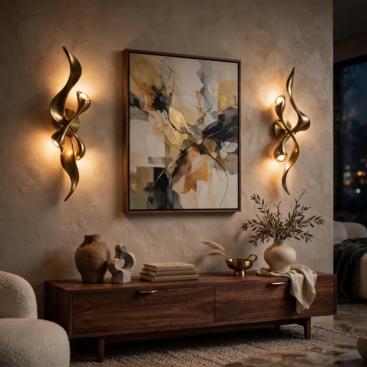 living room wall art ideas: Flank Art With Sculptural Sconces
