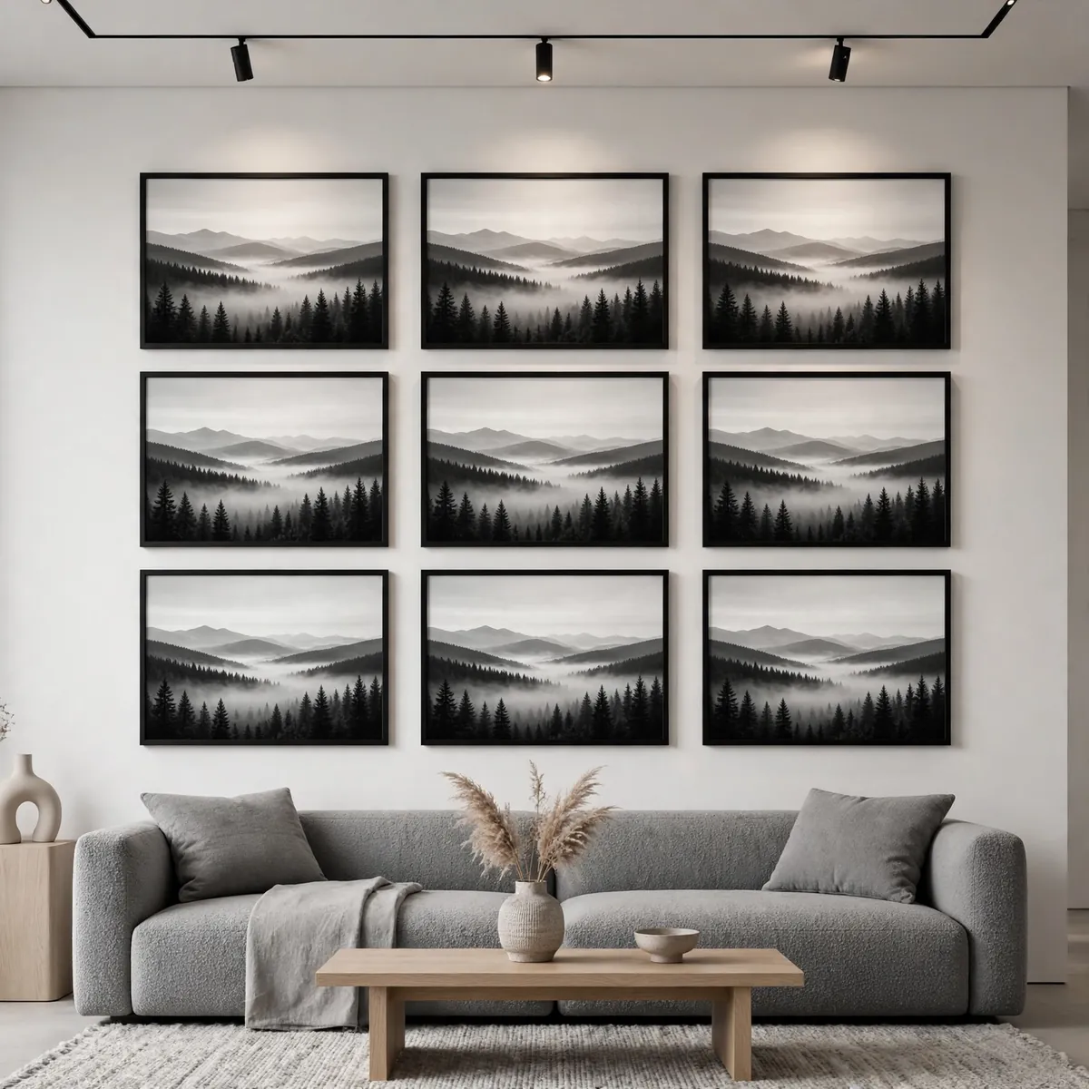 living room wall art ideas: Try Black-and-White Photography Grids