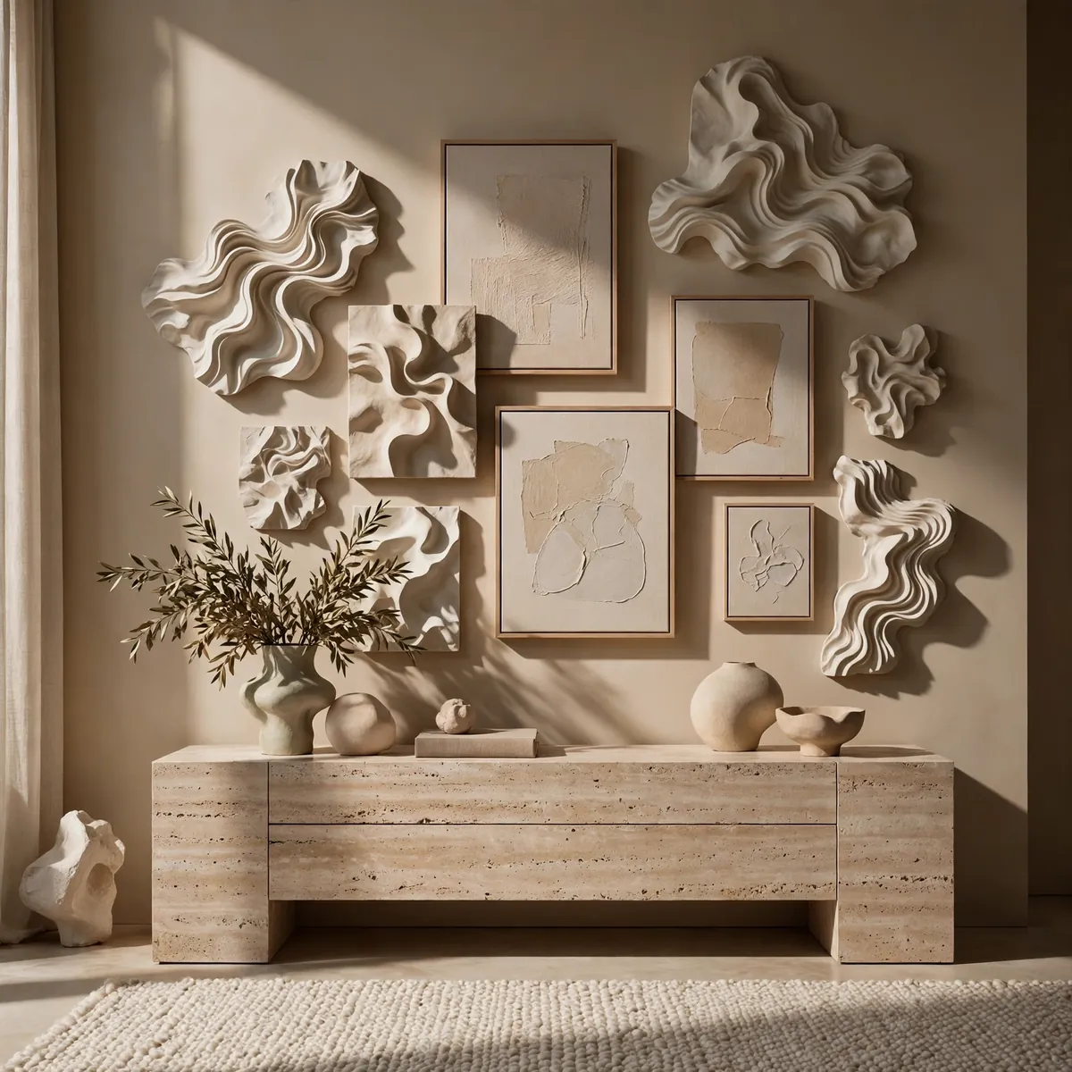 living room wall art ideas: Mix Canvas Prints With 3D Sculptures