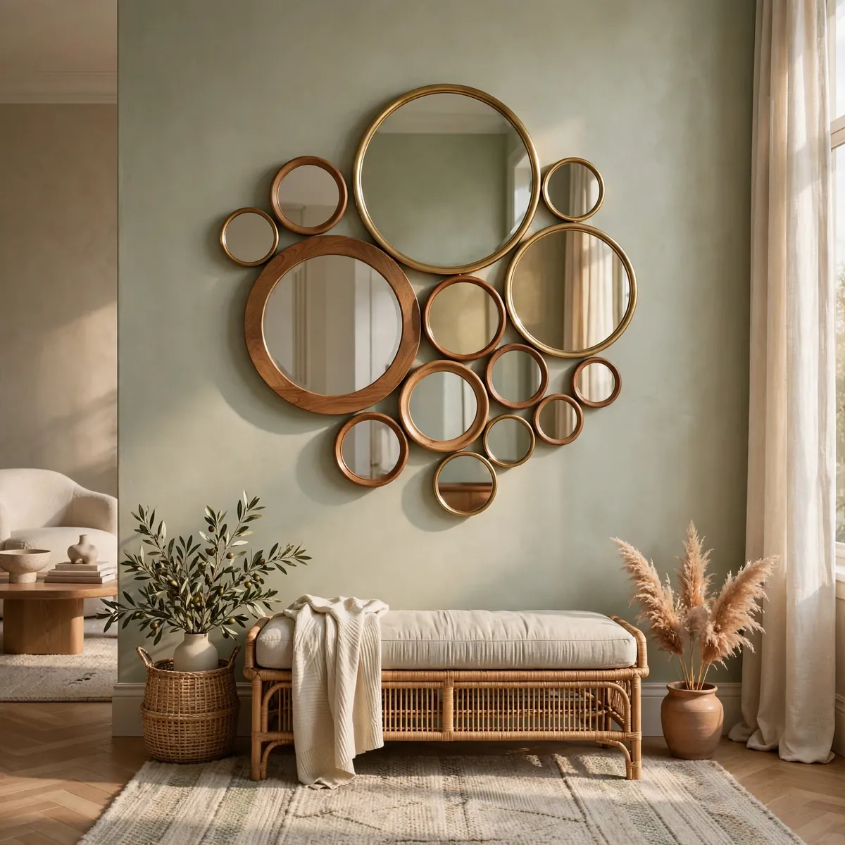 living room wall art ideas: Play With a Round Mirror Cluster