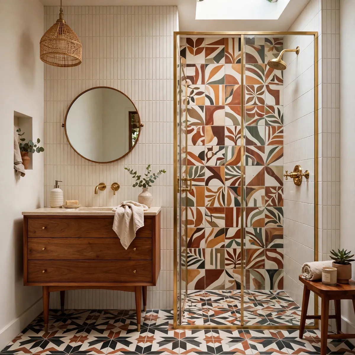 mid century modern apartment: Warm the Bathroom With Wood and One Bold Tile