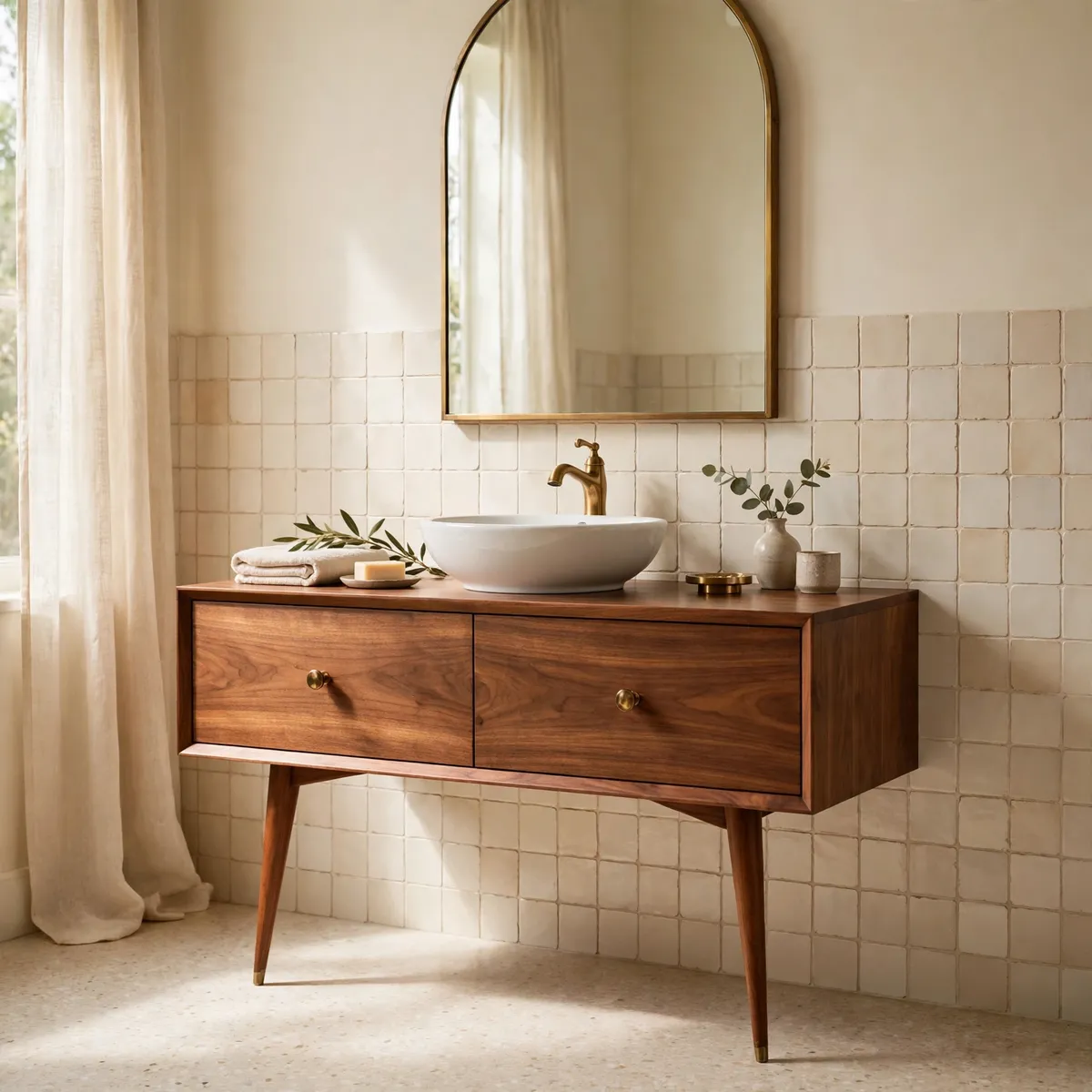 mid century modern bathroom: Float a Walnut Vanity on Tapered Legs