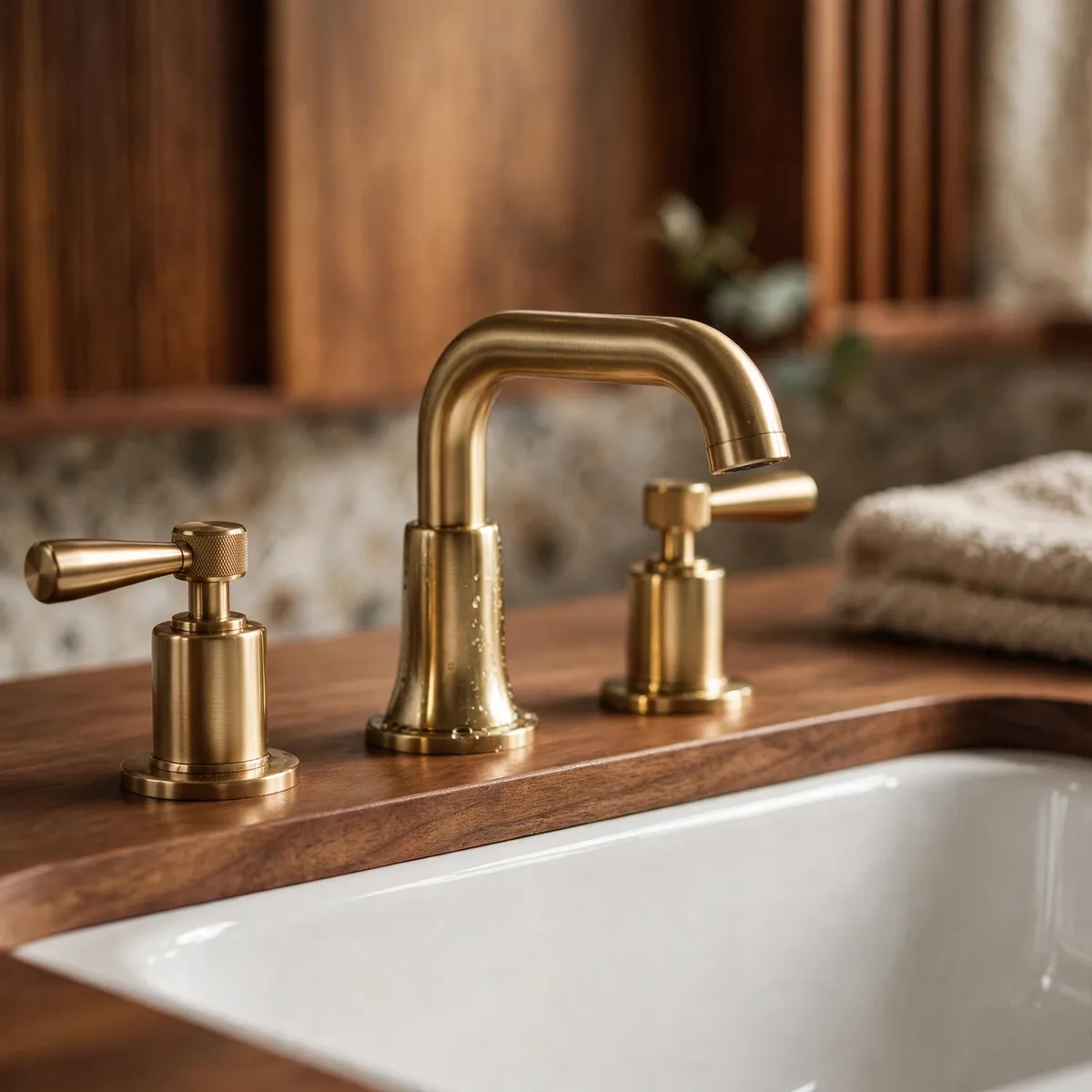 mid century modern bathroom: Repeat Brushed Brass Fixtures