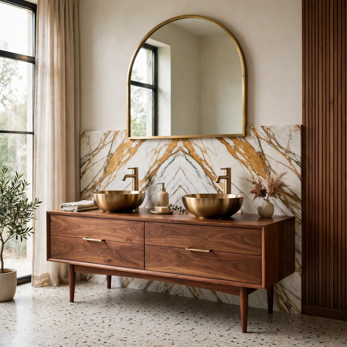 mid century modern bathroom: Bookmatch a Marble Statement Slab