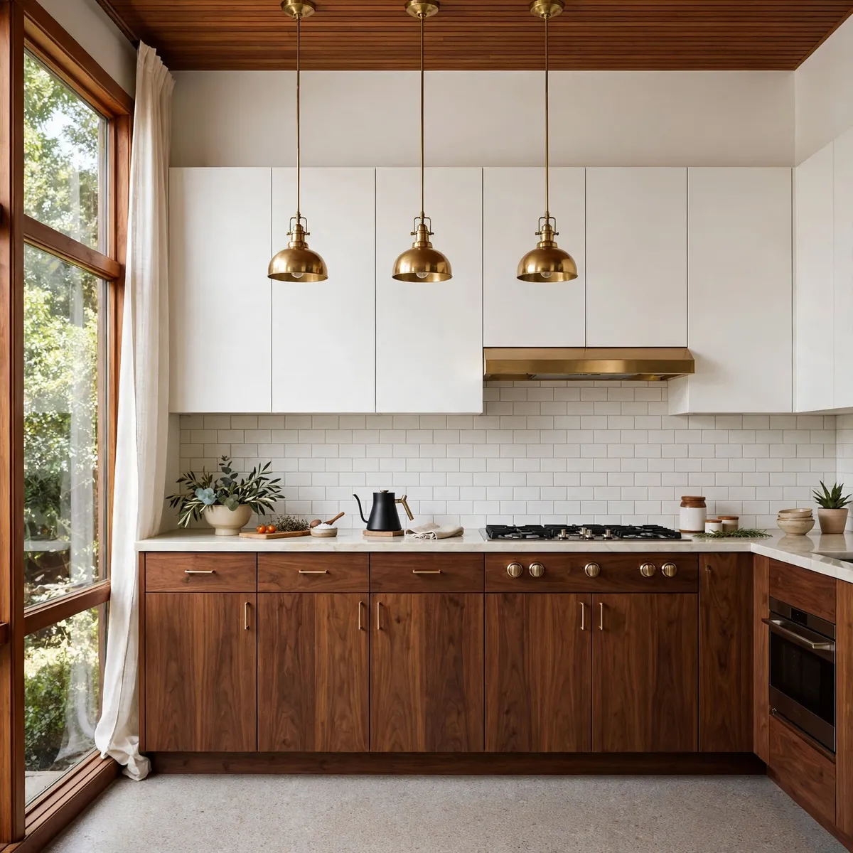mid century modern kitchen: Pair Walnut Lowers With Crisp White Uppers