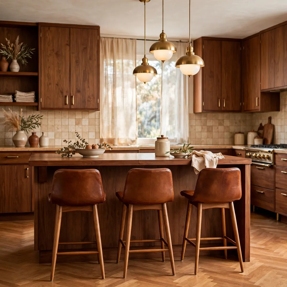 mid century modern kitchen: Pull Up Cognac Leather Bar Stools
