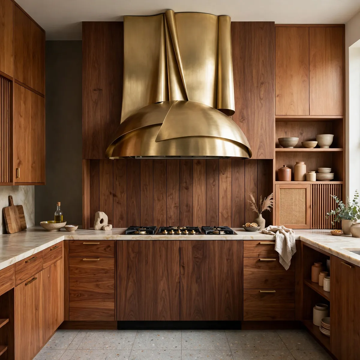 mid century modern kitchen: Make the Range Hood a Brass Statement
