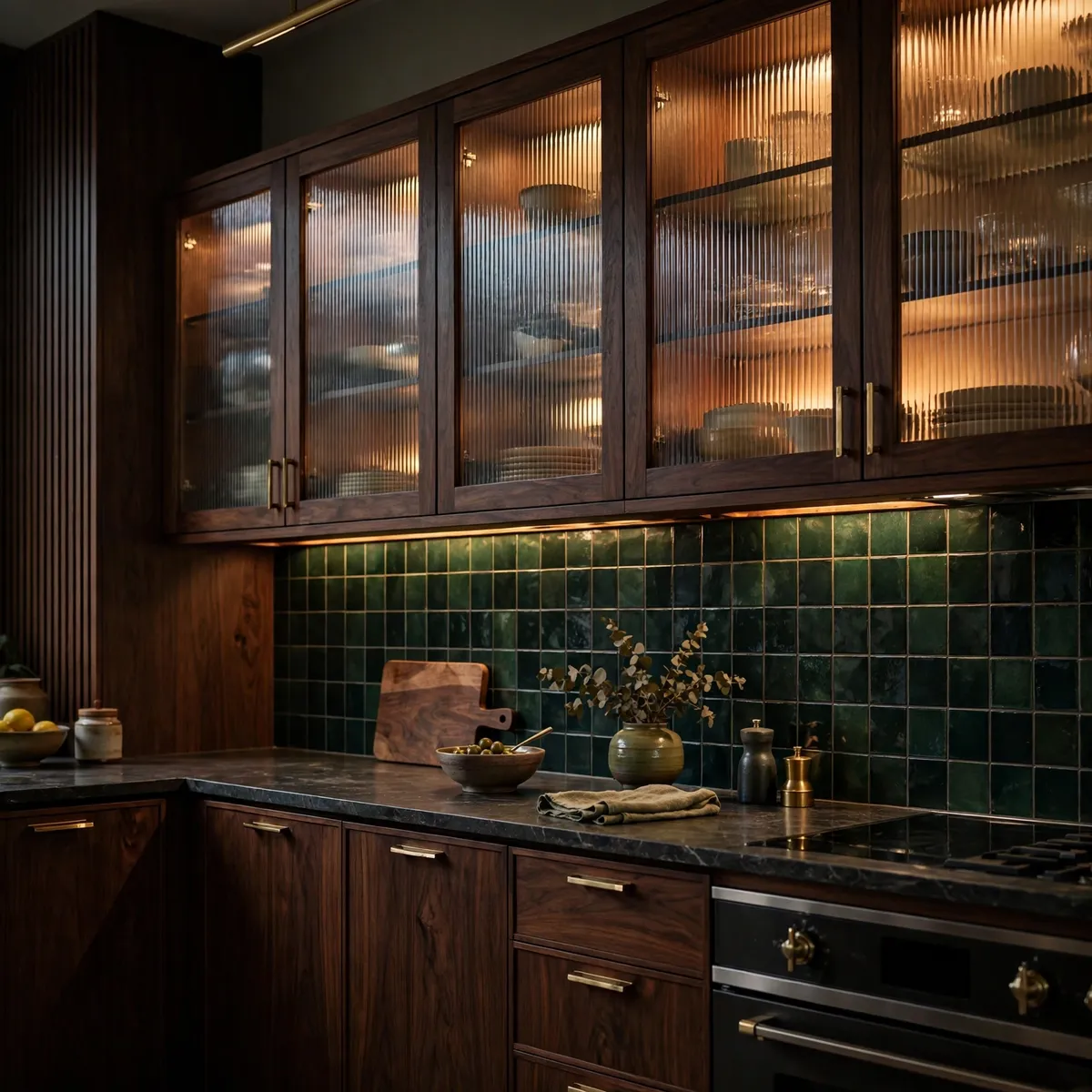 mid century modern kitchen: Try Moody Walnut With Ribbed Glass Uppers