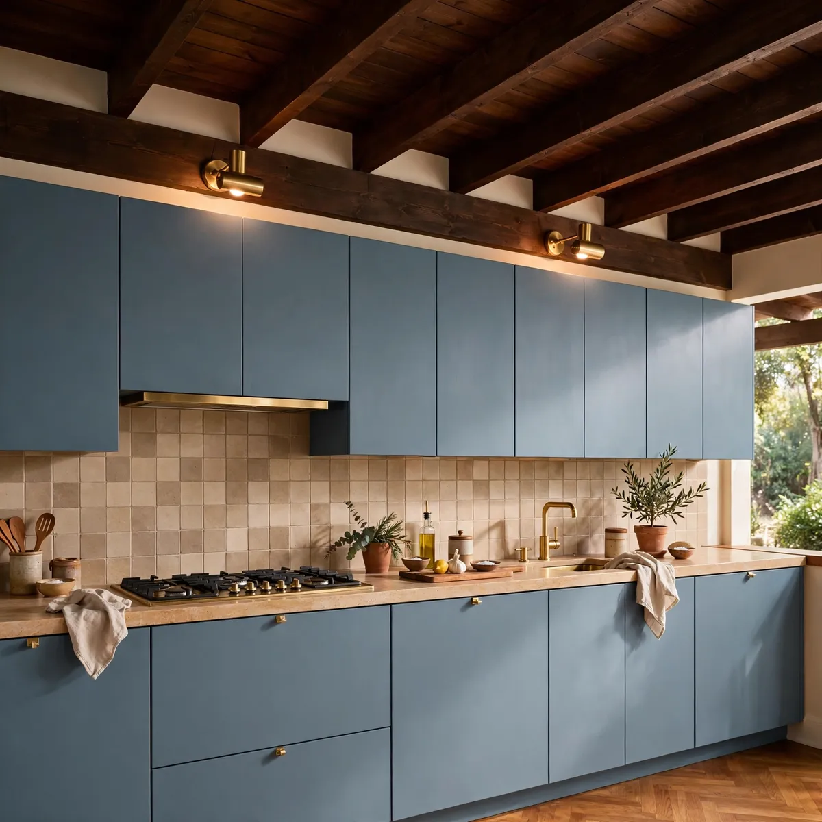 mid century modern kitchen: Paint Cabinets Dusty Blue Under Wood Beams