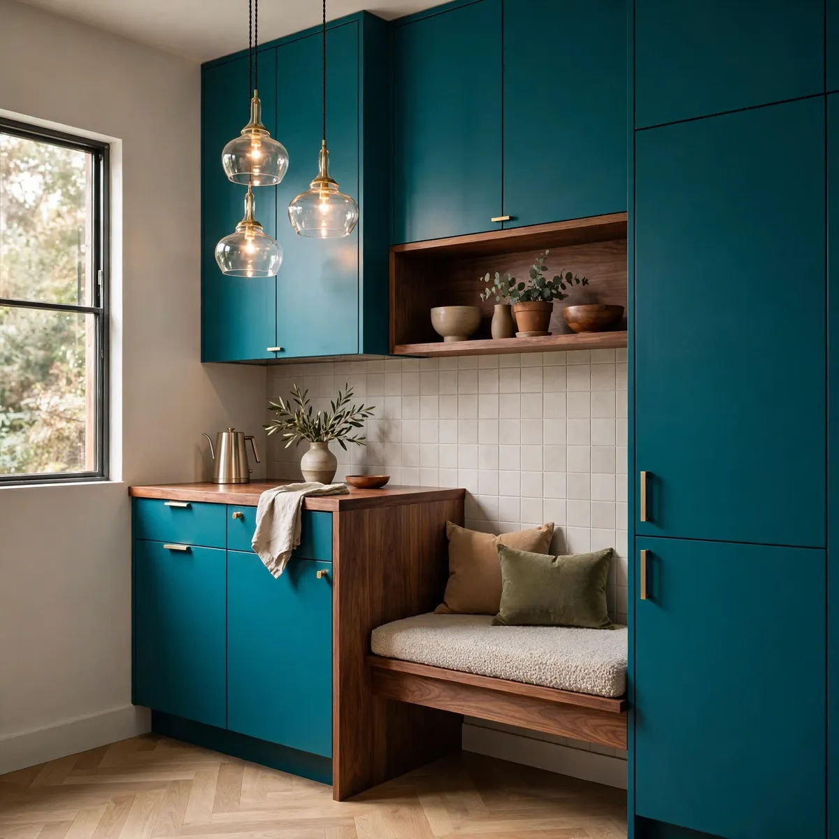 mid century modern kitchen: Define a Small Nook With Bold Teal Cabinets