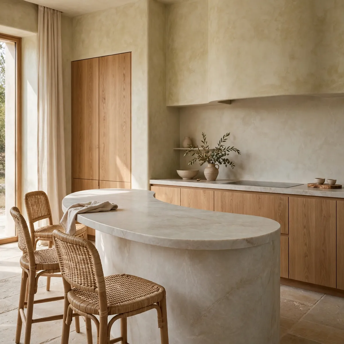 minimalist kitchen ideas: Curve the Island, Soften the Room
