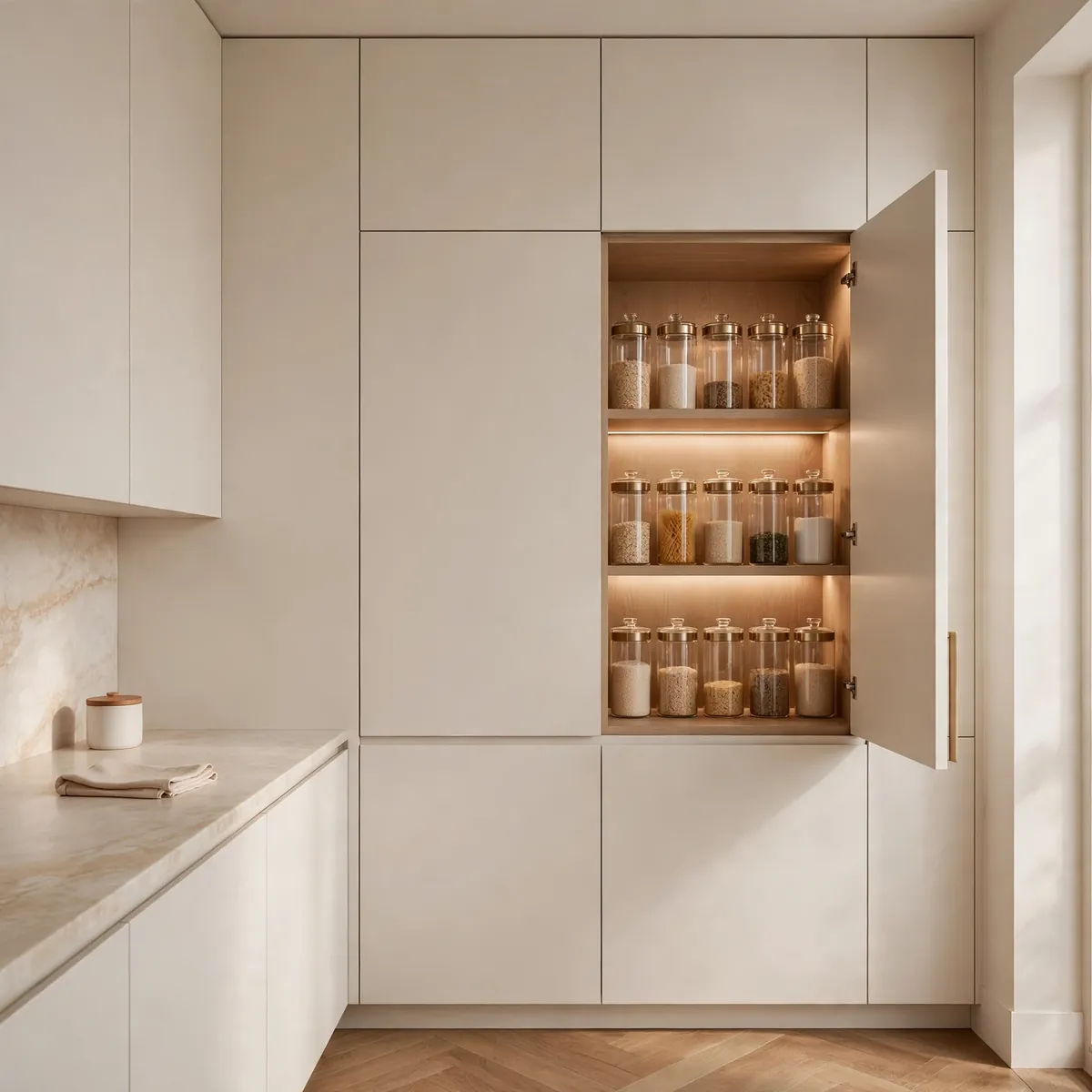minimalist kitchen ideas: Hide the Pantry Behind Seamless Doors