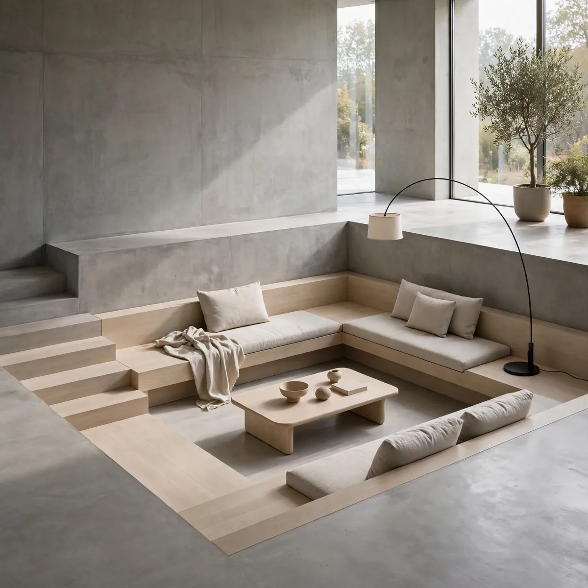 modern sunken living room ideas: Minimalist Concrete Conversation Pit