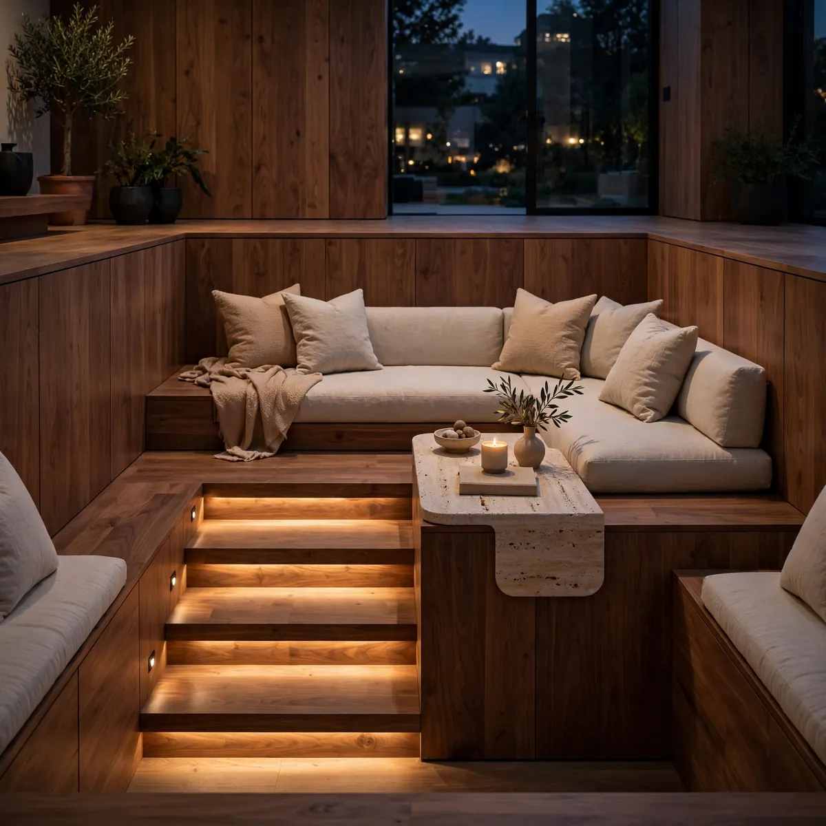 modern sunken living room ideas: Warm Wood Panel Pit