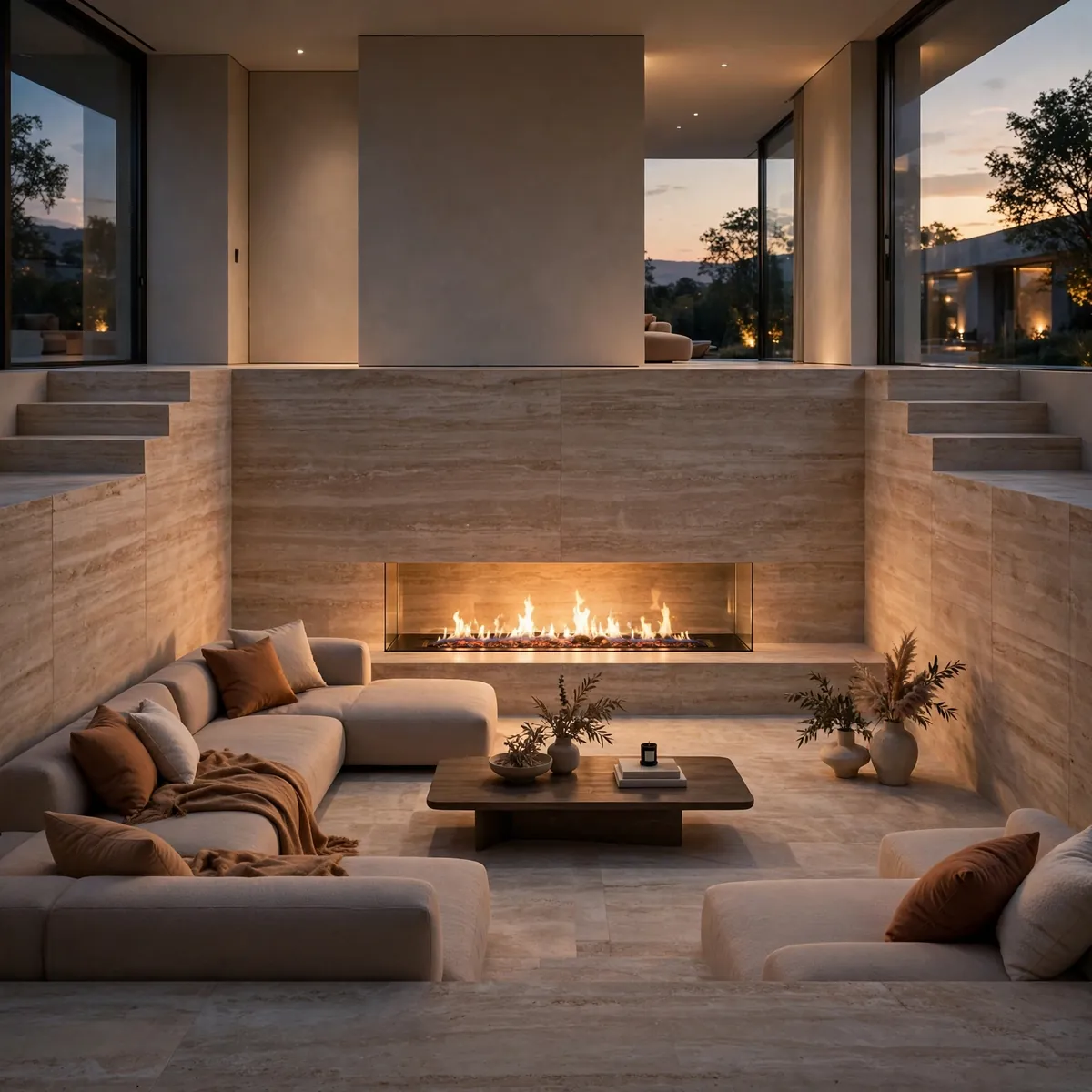 modern sunken living room ideas: Sunken Lounge with Linear Fireplace