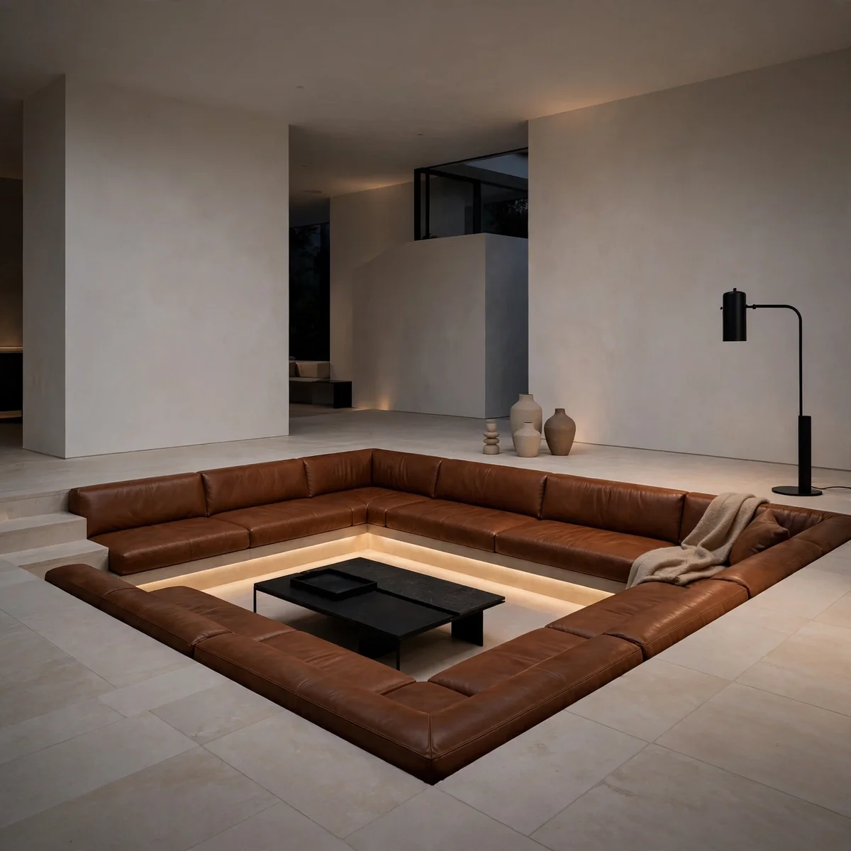 modern sunken living room ideas: Cognac Leather Banquette Pit