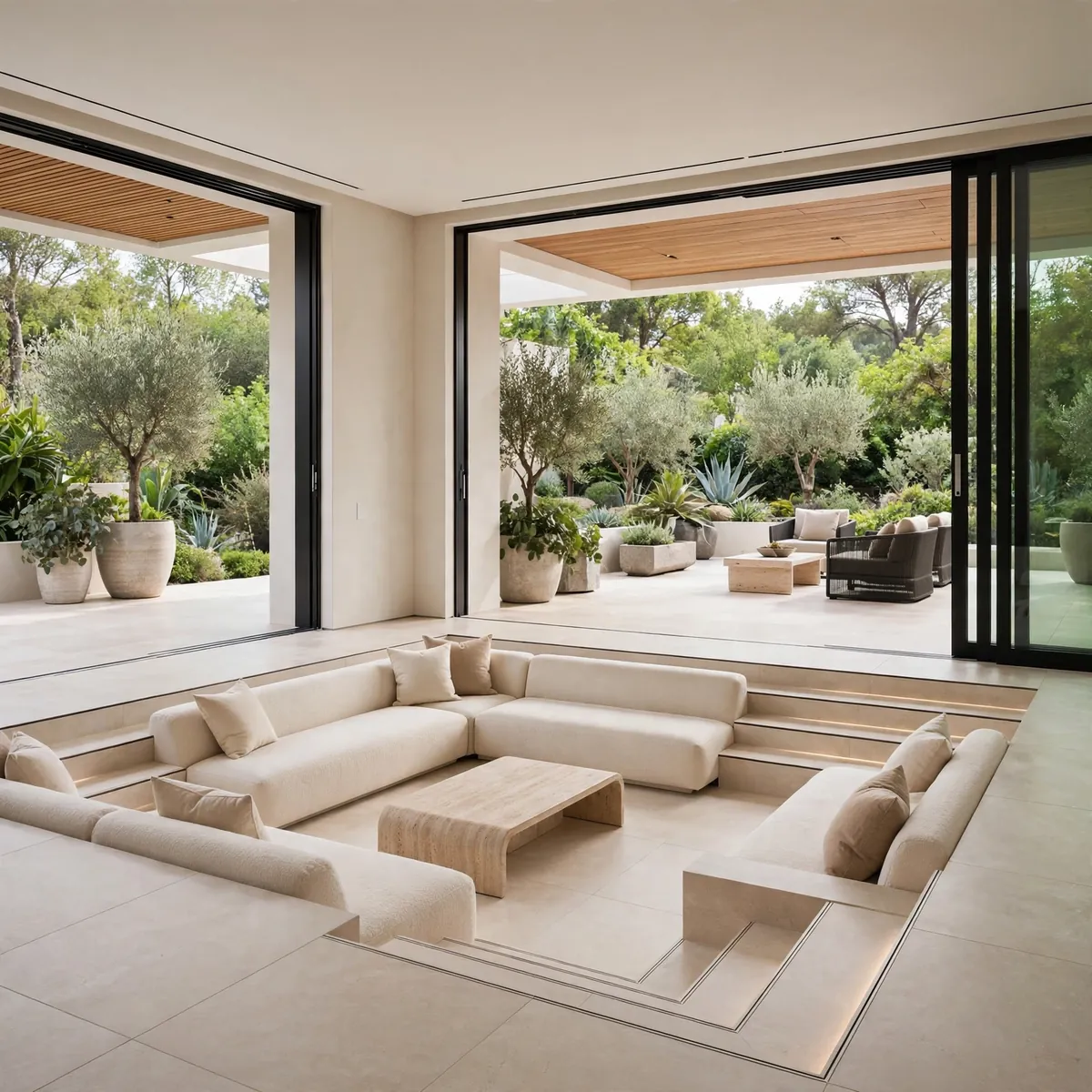 modern sunken living room ideas: Indoor-Outdoor Connected Pit