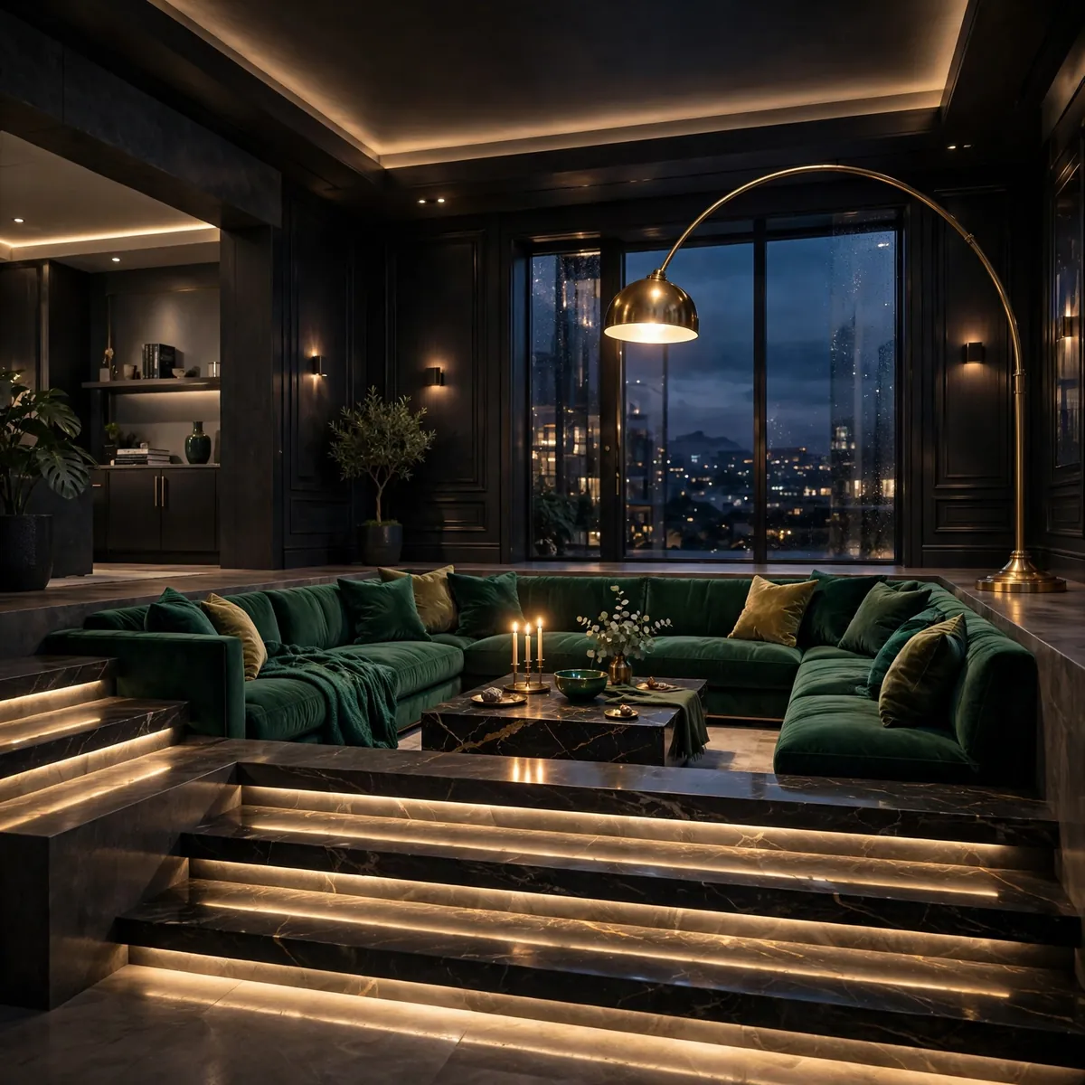 modern sunken living room ideas: Jewel-Tone Velvet Sunken Lounge