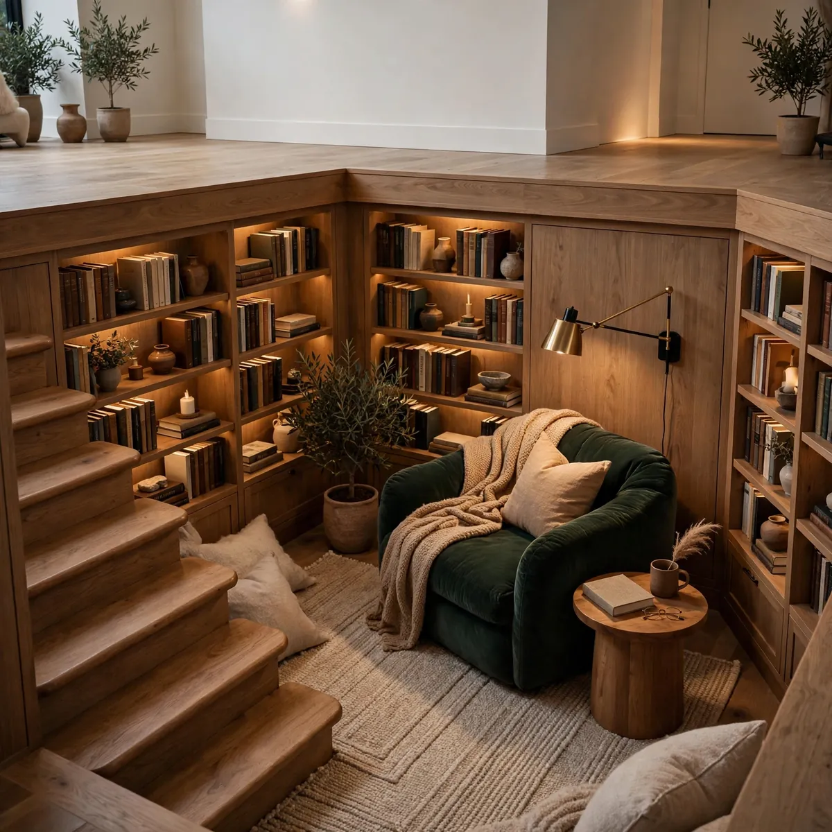 modern sunken living room ideas: Sunken Reading Pit with Bookshelves