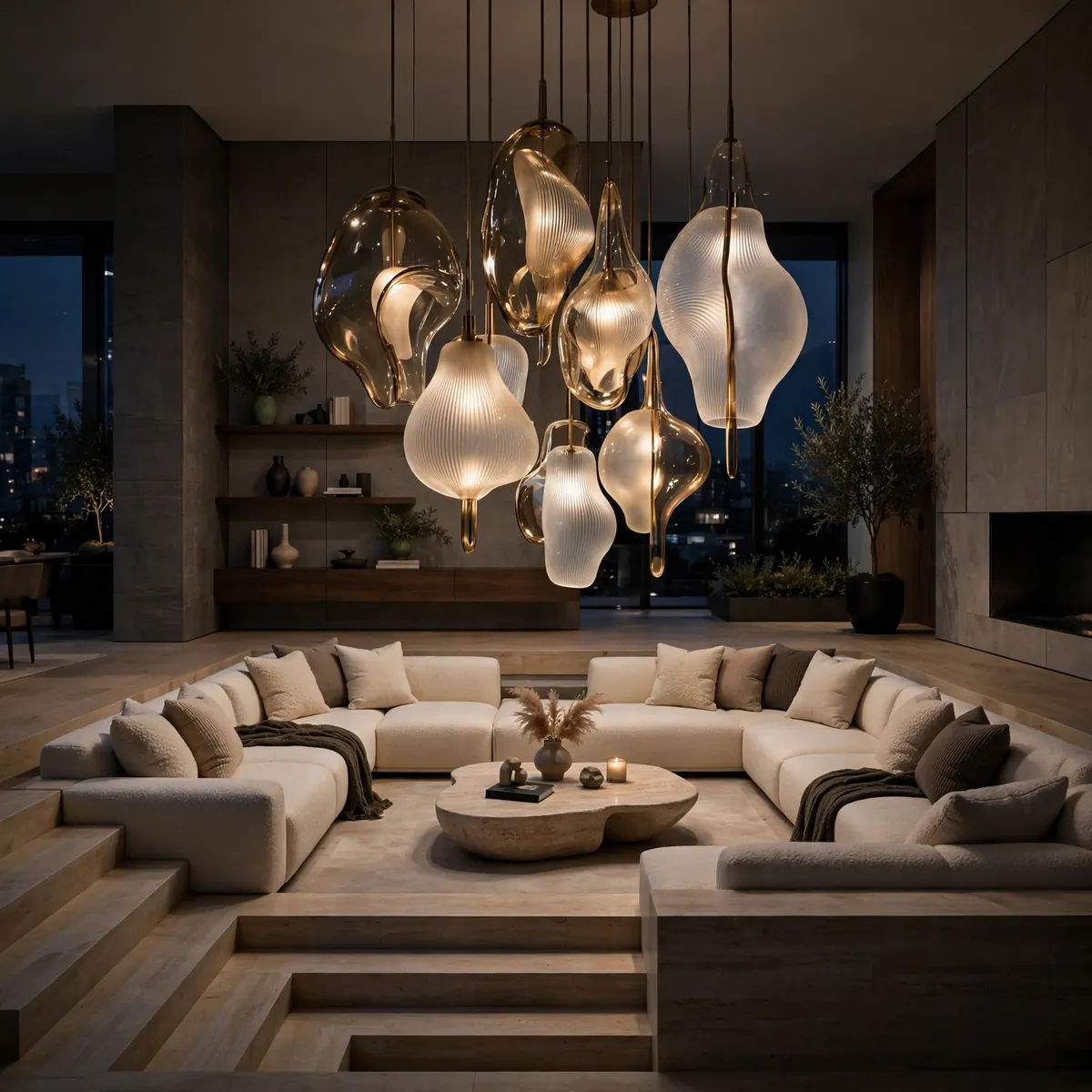 modern sunken living room ideas: Sculptural Lighting Over the Pit