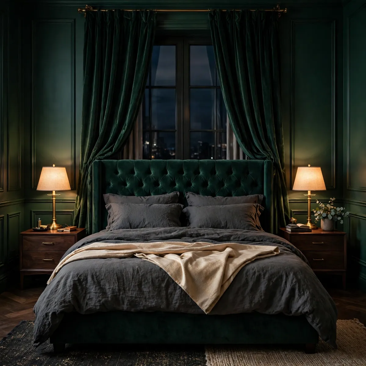 moody bedroom decor ideas: emerald green bedroom wall with velvet upholstered bed and brass bedside lamps