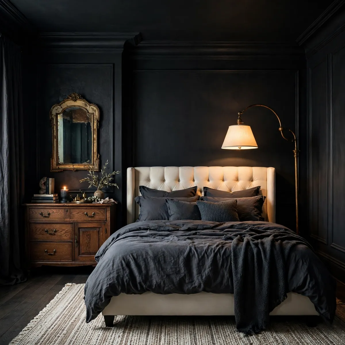 moody bedroom decor ideas: color-drenched charcoal bedroom with dark ceiling and ivory bedding