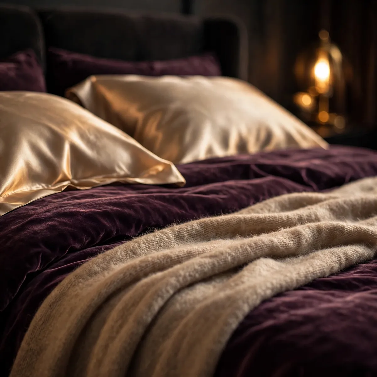 moody bedroom decor ideas: close-up of deep plum velvet bedding with champagne silk pillows