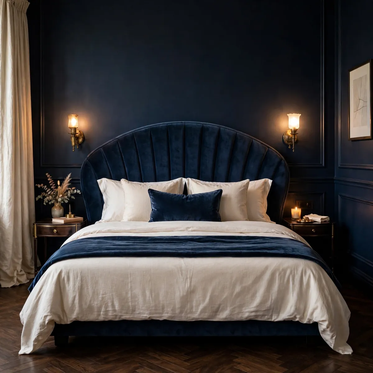 moody bedroom decor ideas: navy velvet channel-tufted headboard with aged brass wall sconces