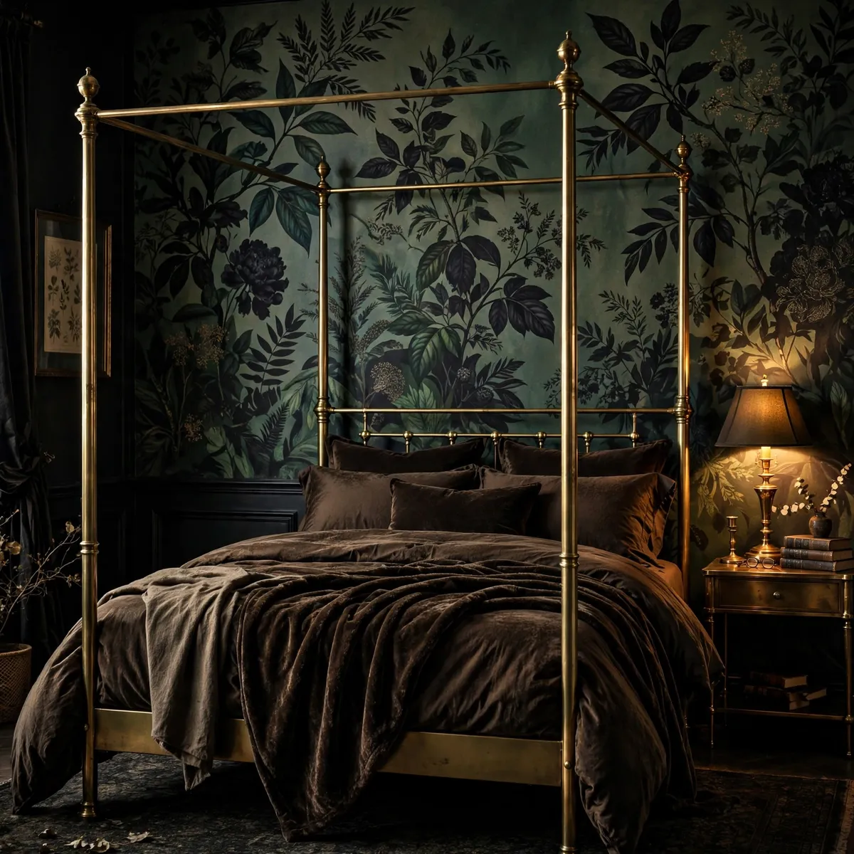 moody bedroom decor ideas: dark botanical wallpaper feature wall behind a brass bed