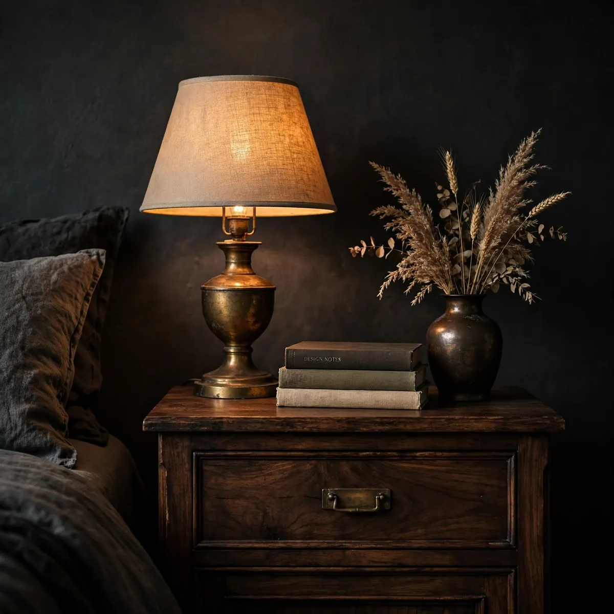 moody bedroom decor ideas: walnut nightstand with aged brass lamp and dried grasses in dark bedroom