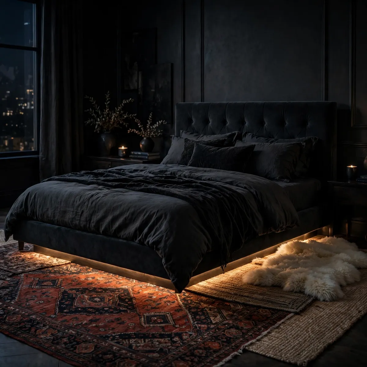 moody bedroom decor ideas: layered rugs and warm LED under-bed glow in a dark bedroom at night