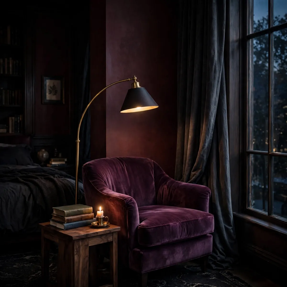 moody bedroom decor ideas: cozy reading corner with plum velvet armchair and brass floor lamp