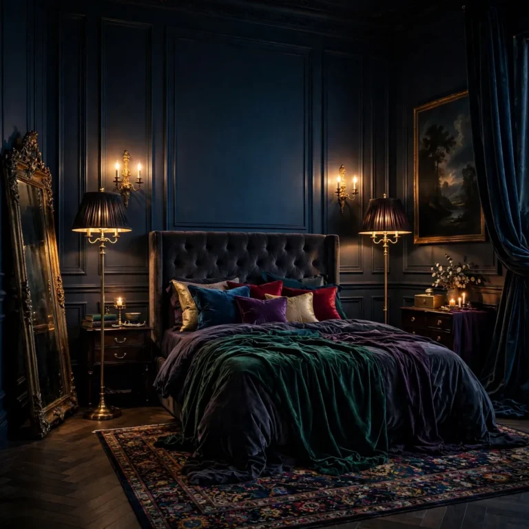 Dark green bedroom with velvet bed and warm brass lamps