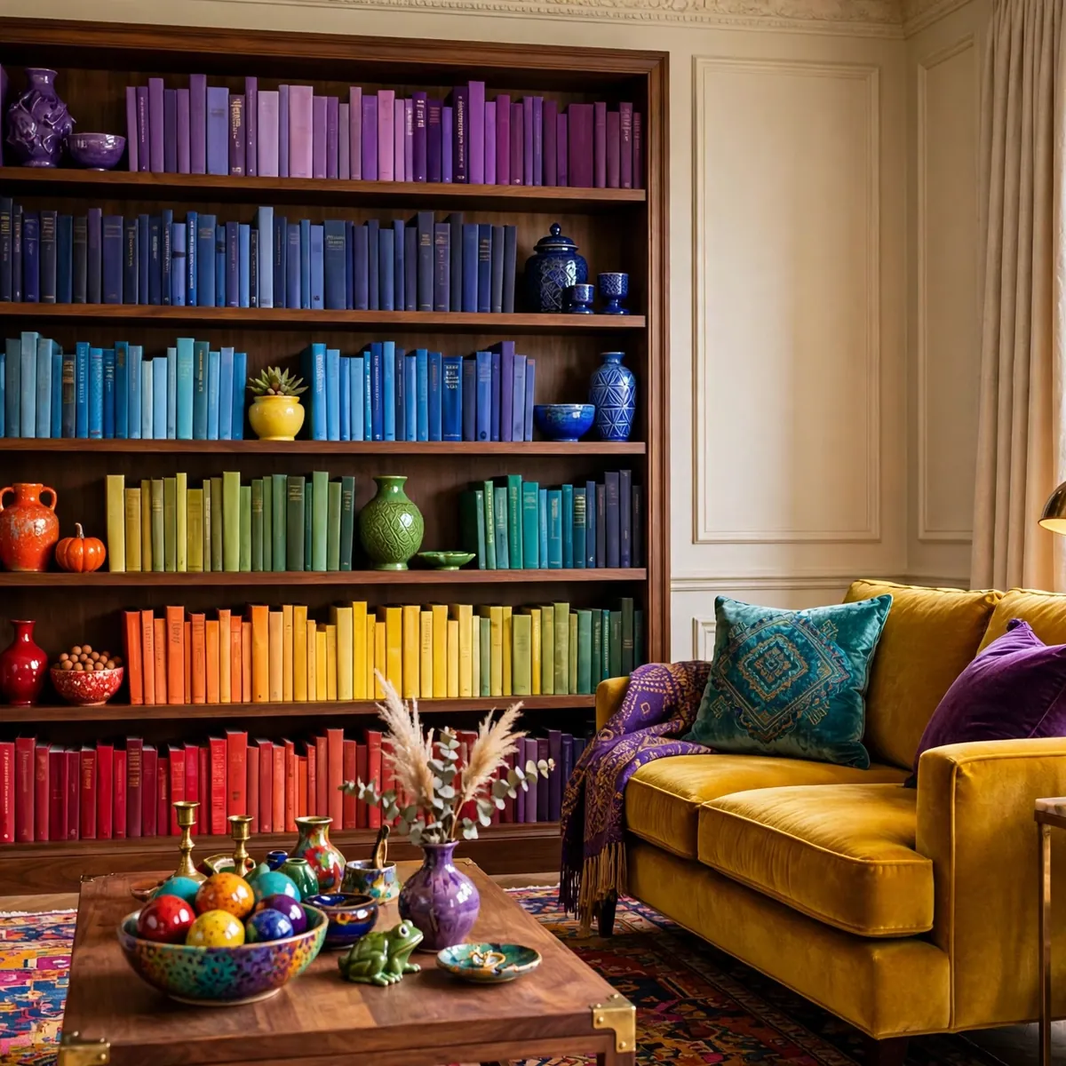 multicolor living room ideas: Rainbow-Ordered Eclectic Bookshelf