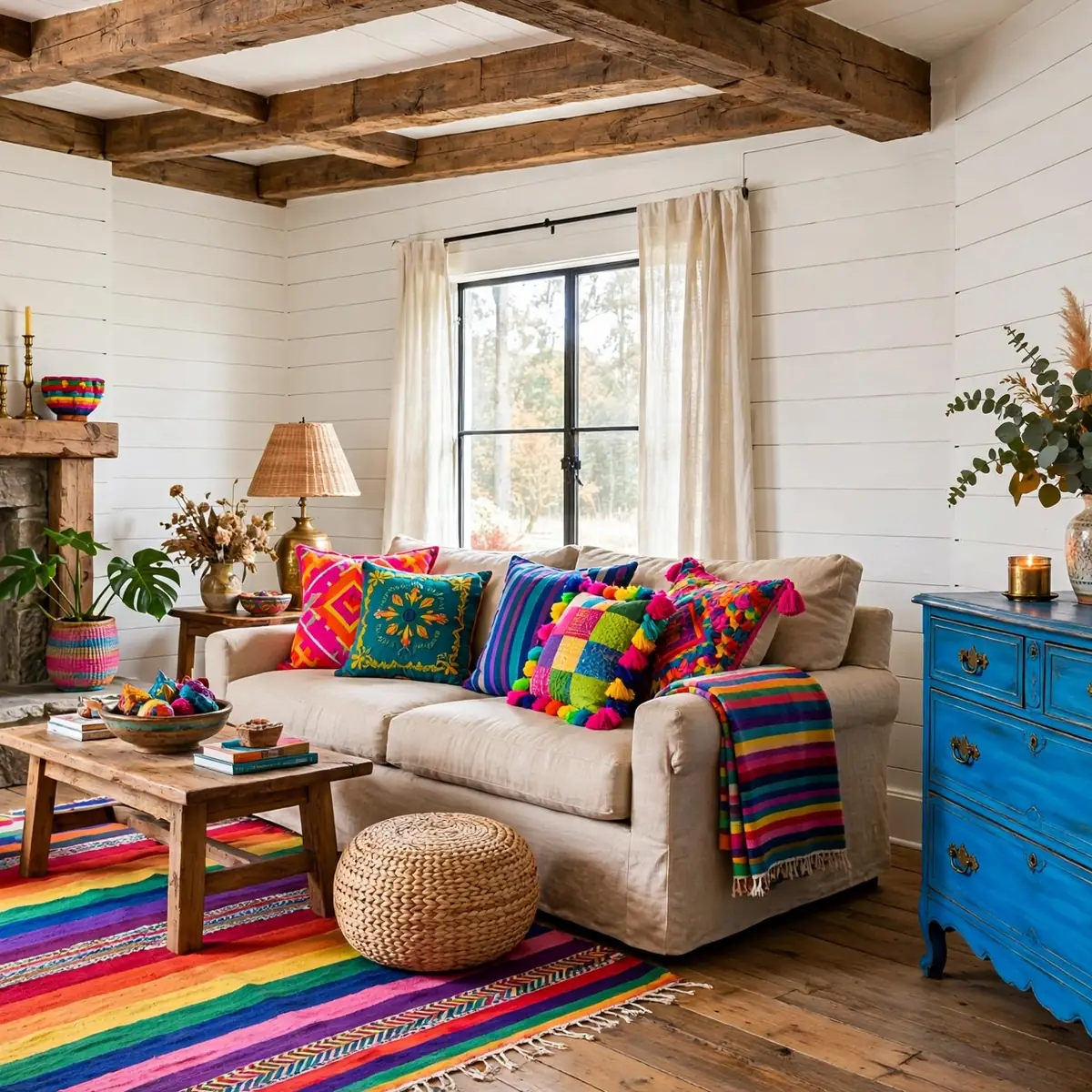 multicolor living room ideas: Farmhouse Base with Multicolor Pops