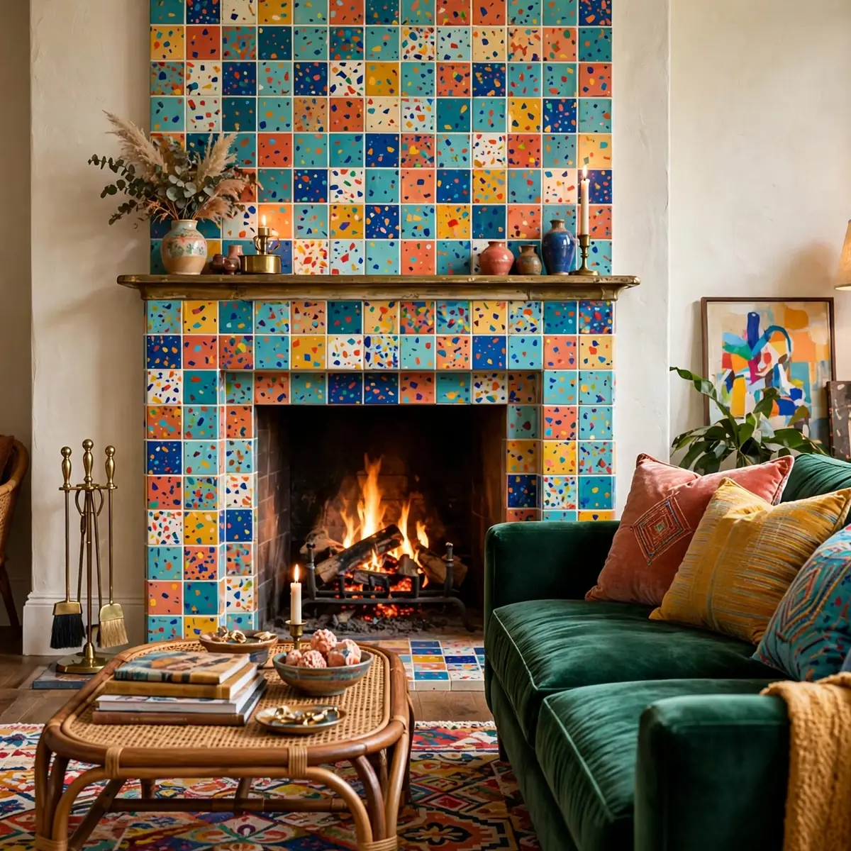multicolor living room ideas: Confetti Tile Fireplace Surround