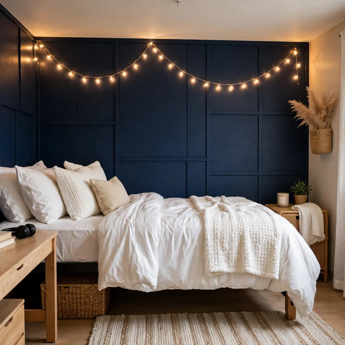 navy blue dorm room ideas: Navy Accent Wall Behind the Bed