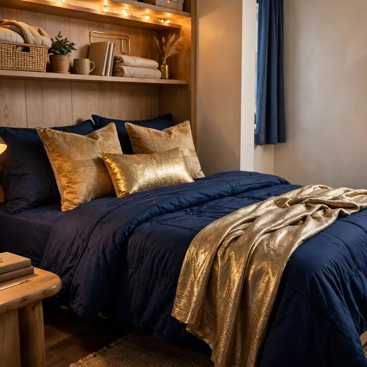 navy blue dorm room ideas: Navy Bedding with Gold Accents