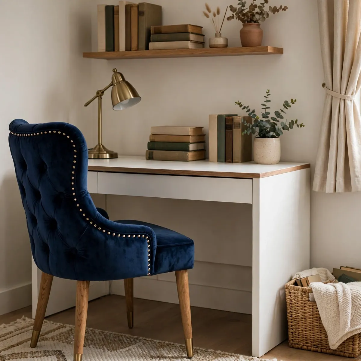 navy blue dorm room ideas: Navy Desk Chair Statement Piece