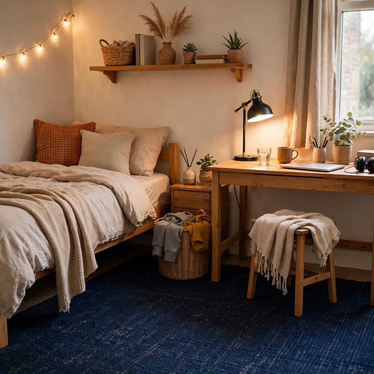 navy blue dorm room ideas: Navy Rug to Anchor the Room