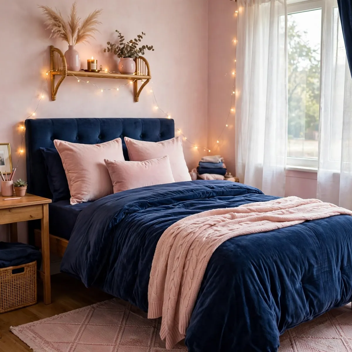 navy blue dorm room ideas: Navy and Blush Pink Combo