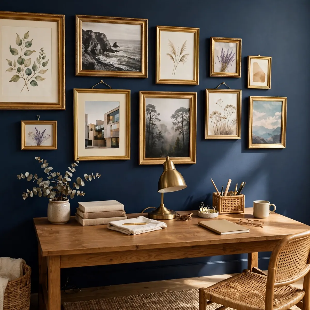 navy blue dorm room ideas: Navy Gallery Wall with Brass Frames
