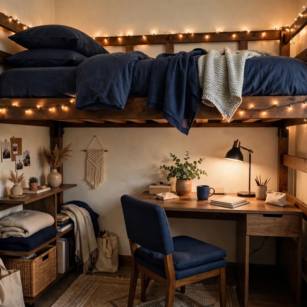 navy blue dorm room ideas: Navy Loft Bed Styling
