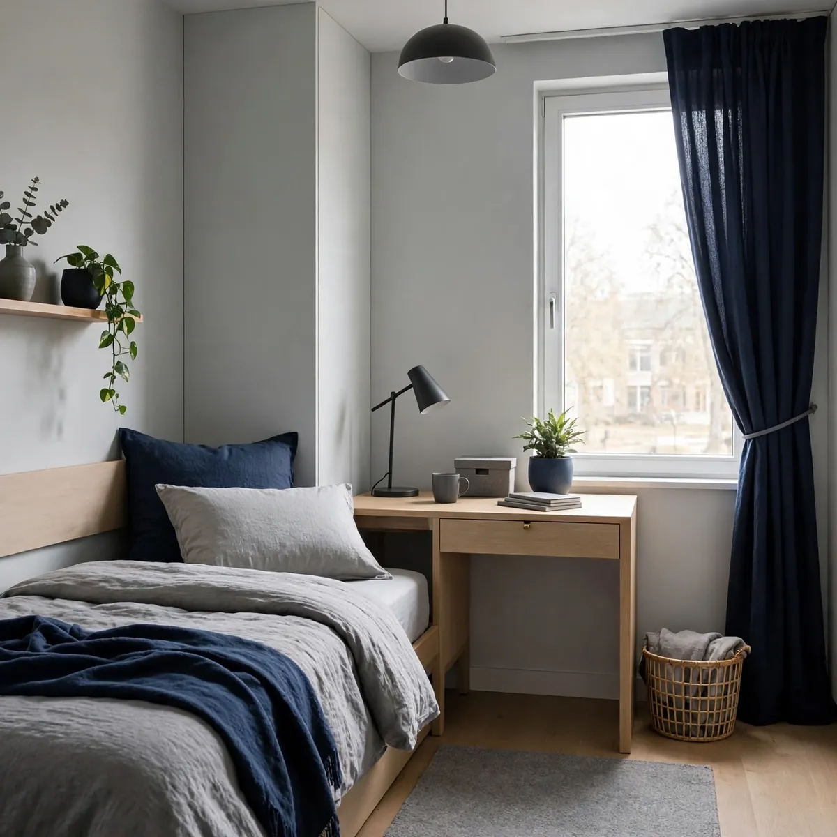 navy blue dorm room ideas: Navy and Grey Minimalist Mix