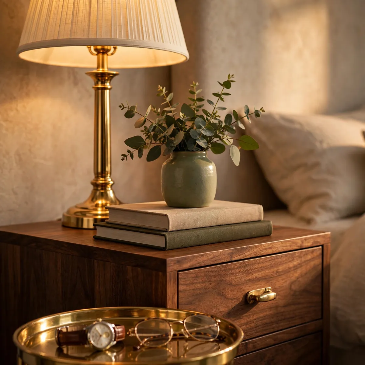 nightstand decor ideas: walnut nightstand styled with a tall brass lamp, a stack of books, and a low brass catch-all tray