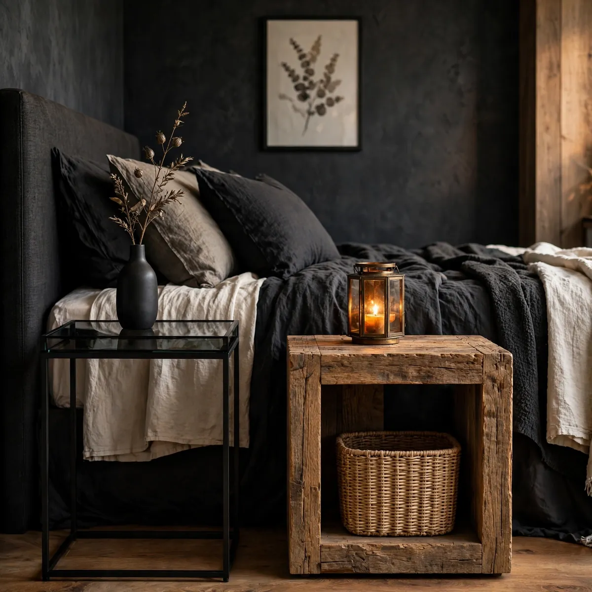 nightstand decor ideas: two different nightstand tables styled asymmetrically on either side of one bed