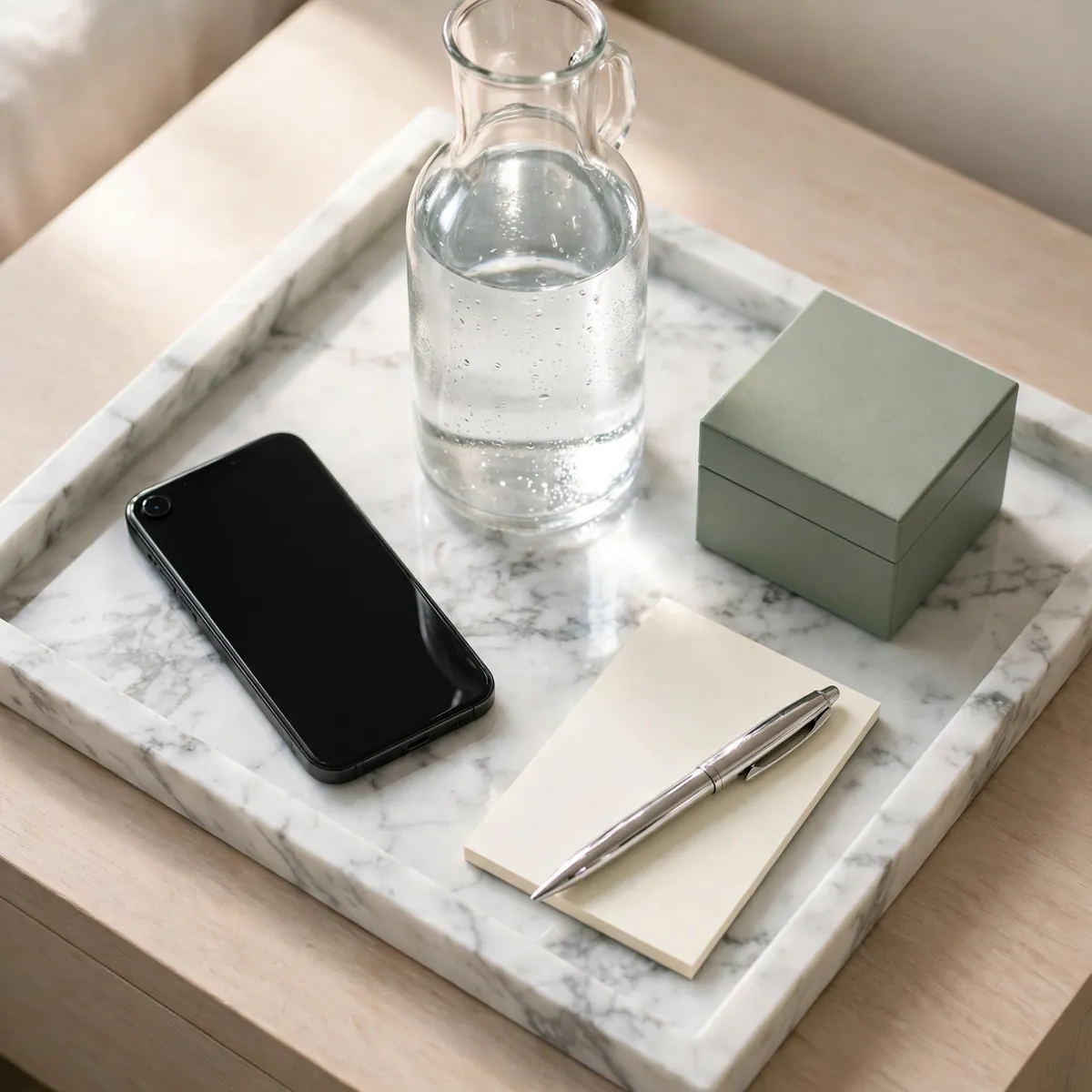 nightstand decor ideas: marble tray organizing phone, water carafe, and small essentials on a bedside table