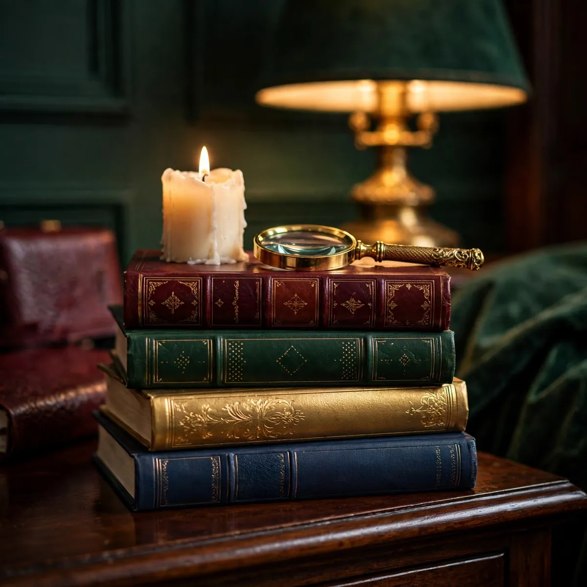 nightstand decor ideas: stack of hardcover books topped with a gold magnifying glass and a pillar candle